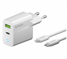 Сетевое зарядное устройство Deppa USB-C + A, PD/ QC 20W, кабель USB-C - Lightning (MFI), 1.2м (Белый)